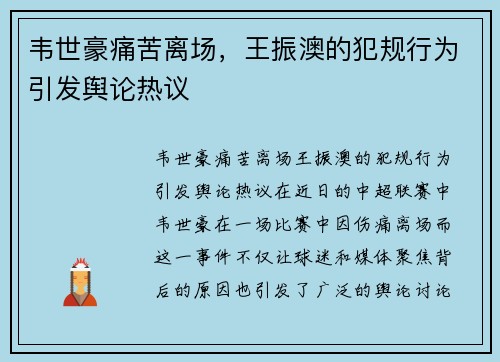 韦世豪痛苦离场，王振澳的犯规行为引发舆论热议